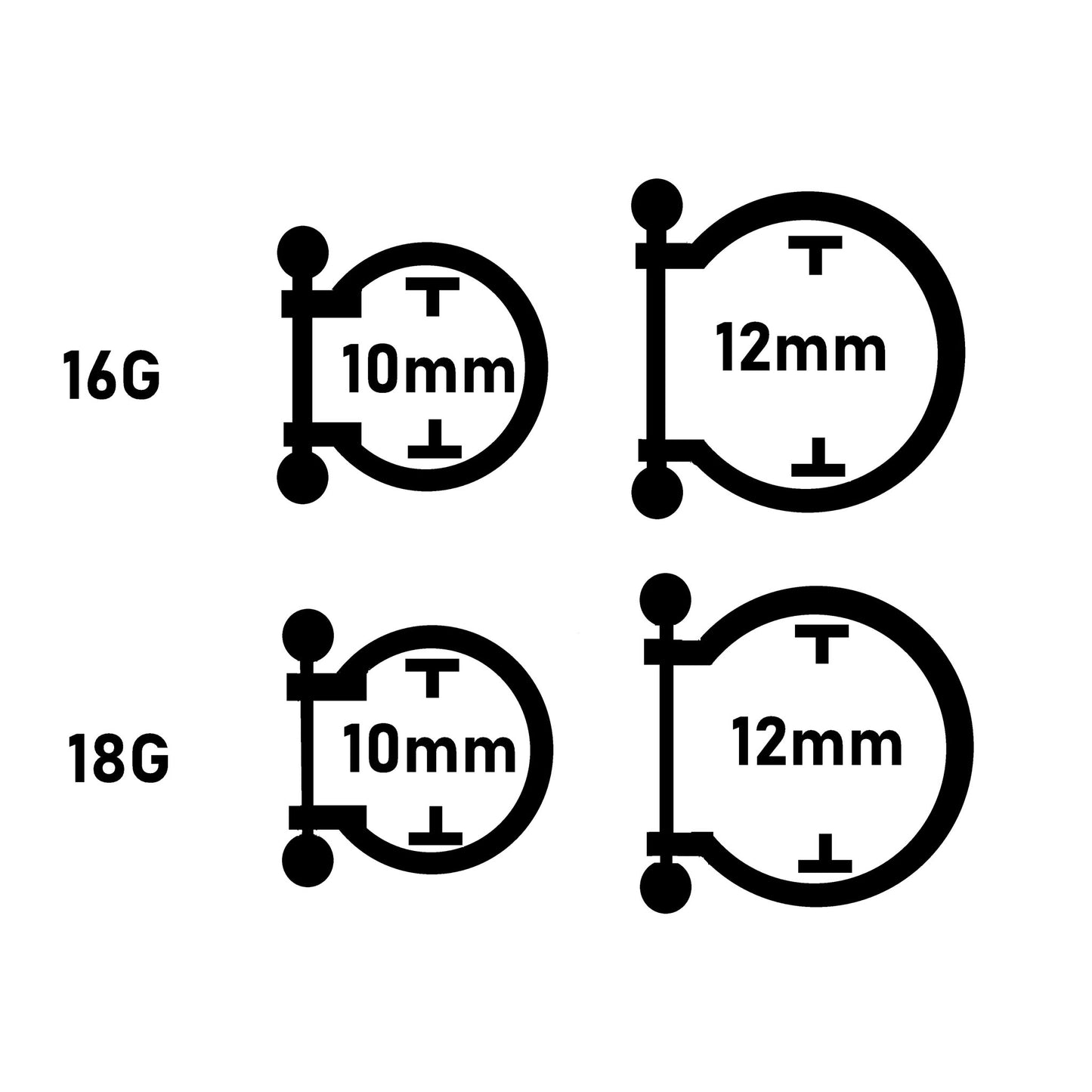 Illustrations of gauge sizes with measurements on a white background