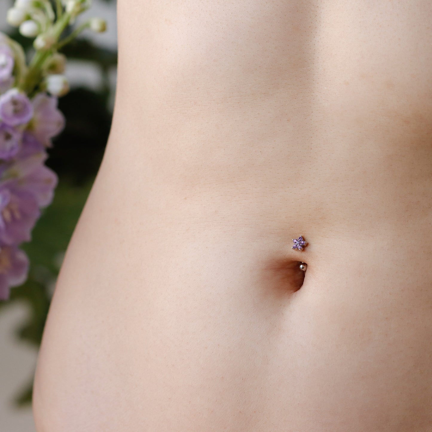 Solid 925 Silver | 16G 14G Purple Petite Flower Reverse Belly Ring | 6mm 1/4" 8mm 5/16" 10mm 3/8" - Sturdy South