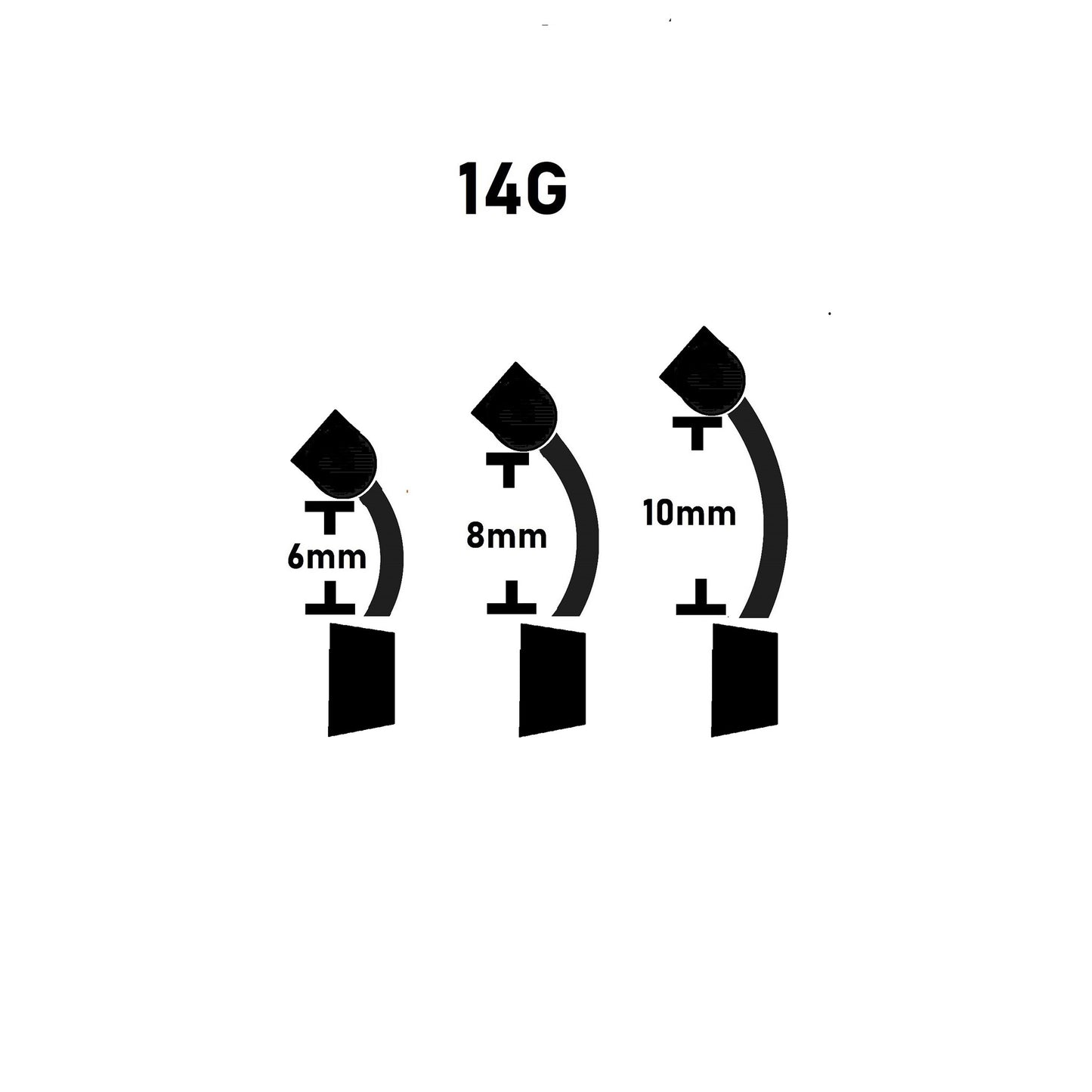 Illustration of gauge sizes 6mm, 8mm, and 10mm with '14G' above on a white background.
