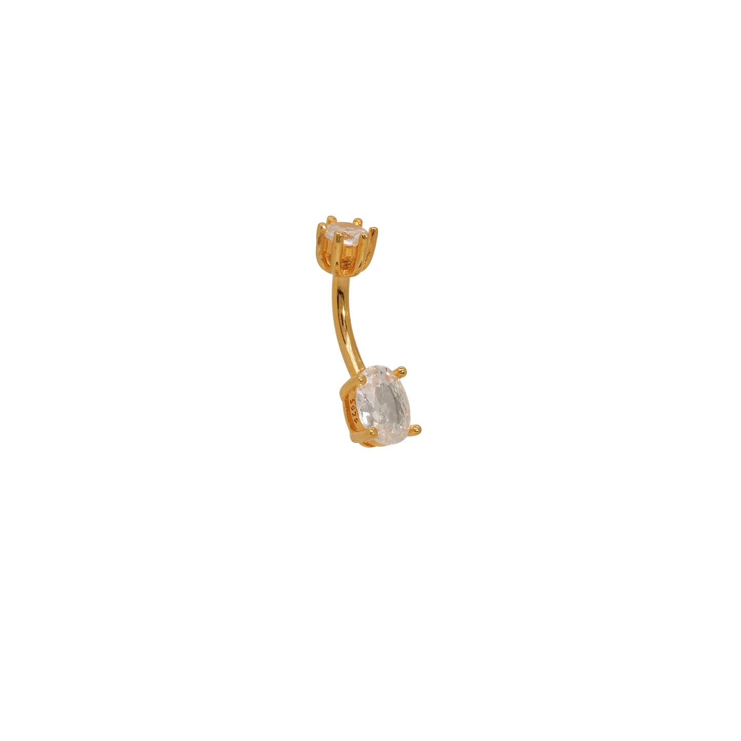 Gold belly button ring with a clear gemstone on a white background