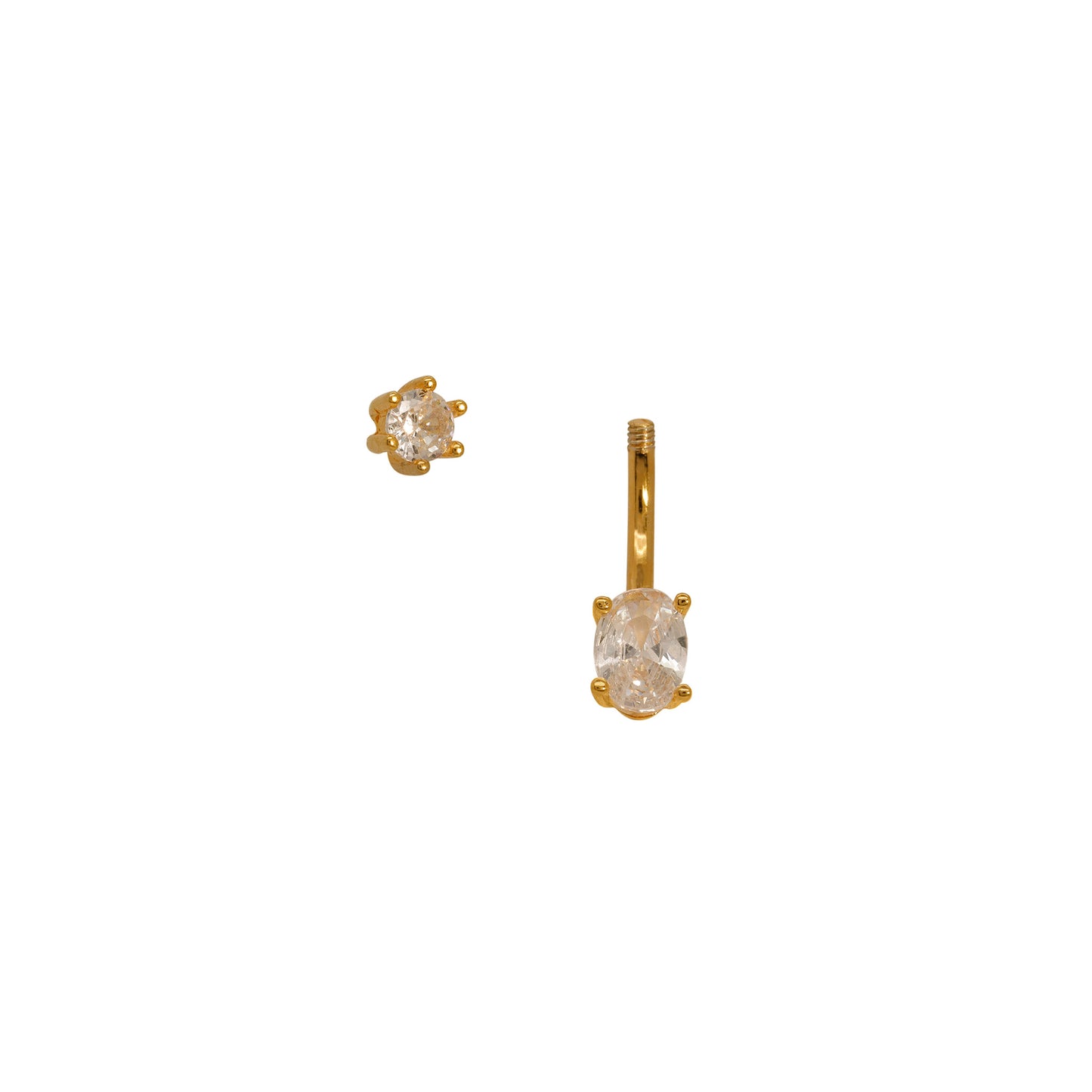 Gold belly button ring unscrewed to show separate parts