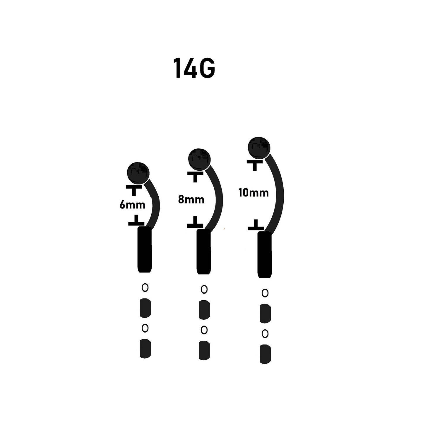 Illustration of different sizes of 14G gauge belly ring on a white background