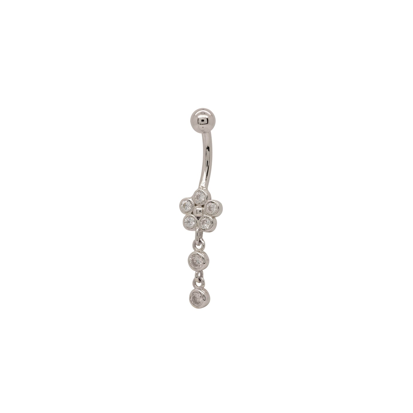 Front view of sterling silver flower dangle belly ring with cubic zirconia charm
