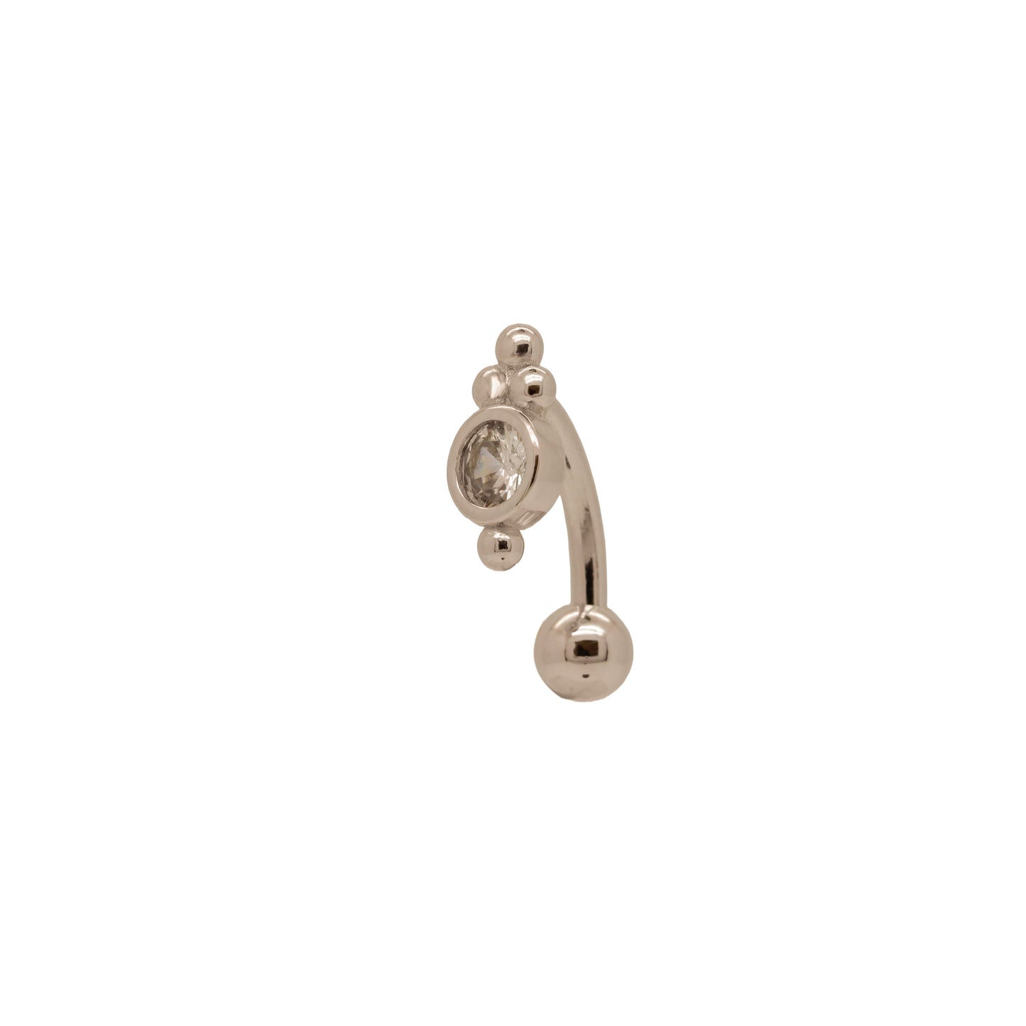 Reverse sterling silver belly button ring with a dainty trinity ball design.