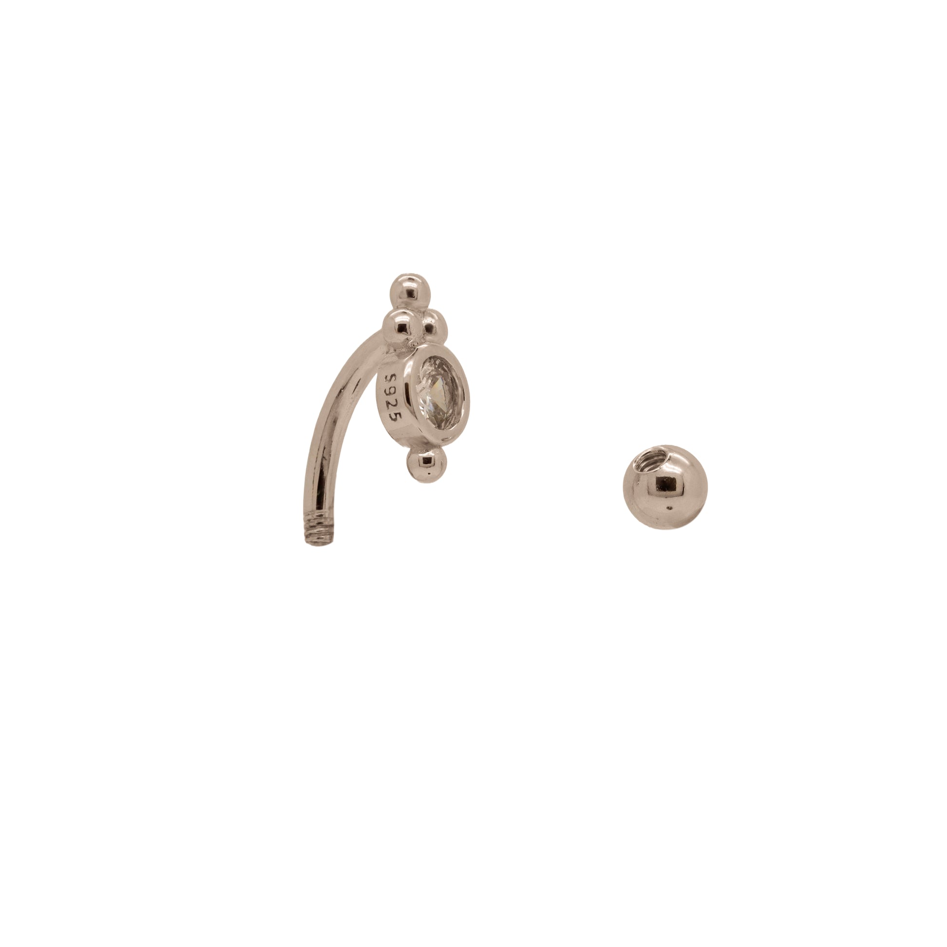 Minimalist reverse belly ring in hypoallergenic sterling silver with a secure screw-on bead.