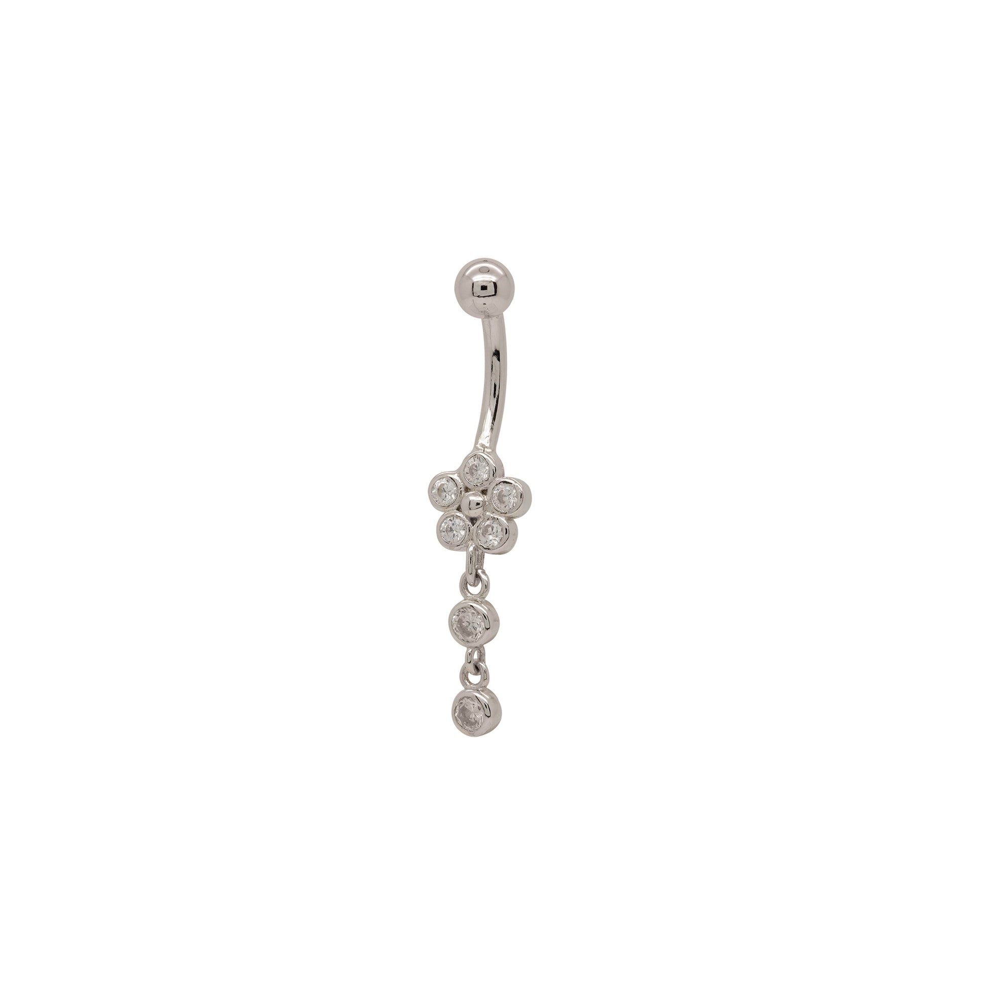 Front view of sterling silver flower dangle belly ring with cubic zirconia charm