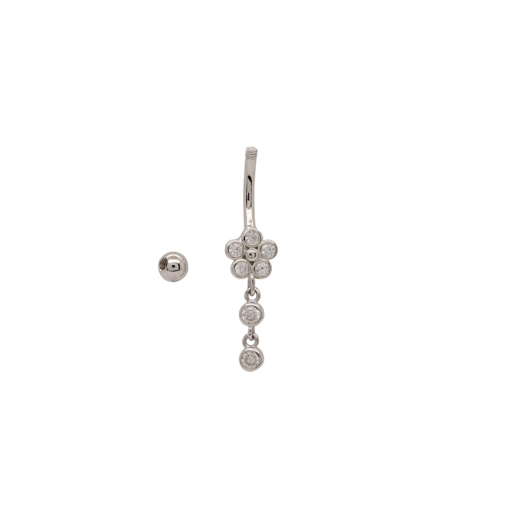 Sterling silver flower dangle belly ring shown unscrewed to display parts