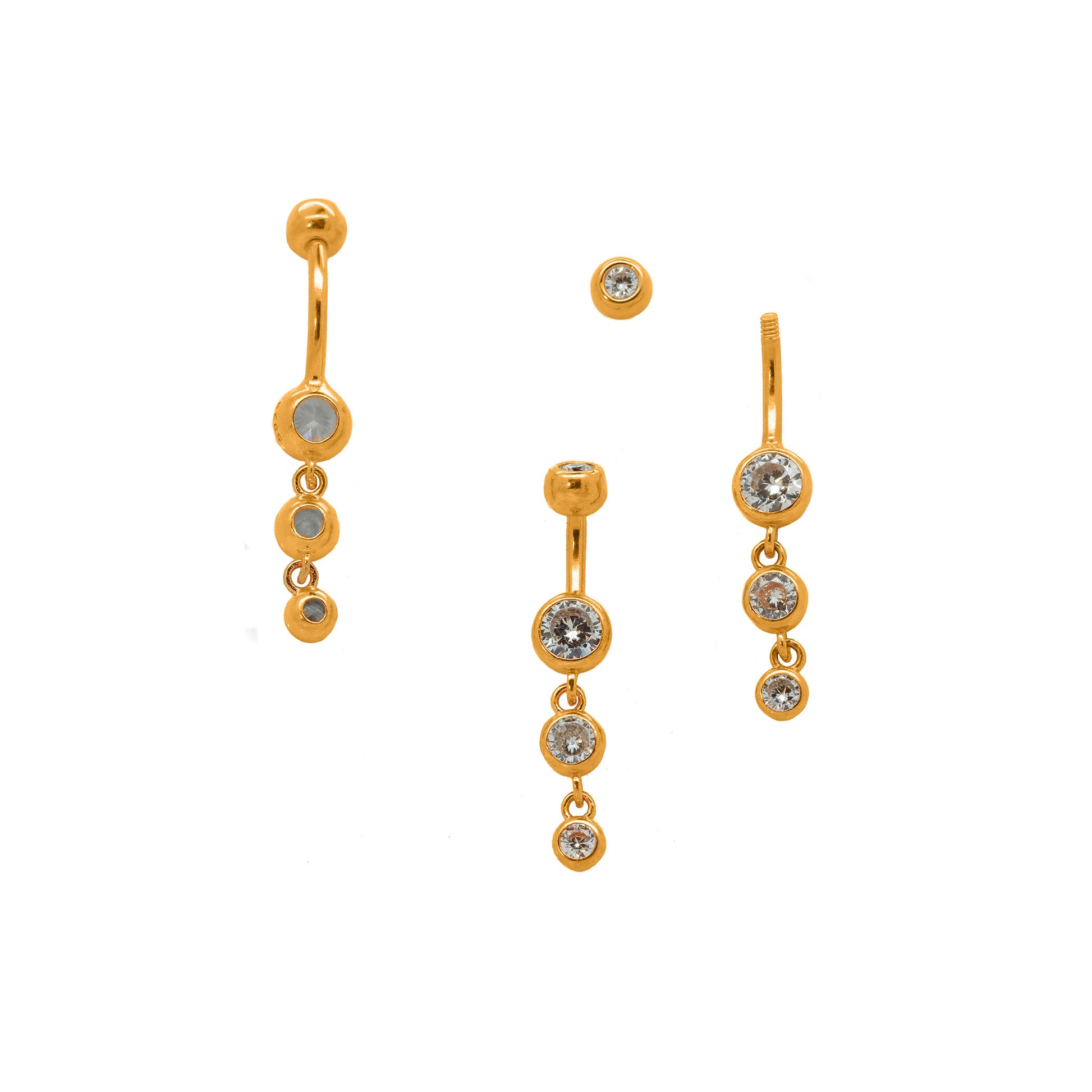 Vermeil | 925 Silver 24k Gold Coated Triple Charm Dangle Belly Ring | 14G 6mm 1/4" 8mm 5/16" 10mm 3/8" - Sturdy South