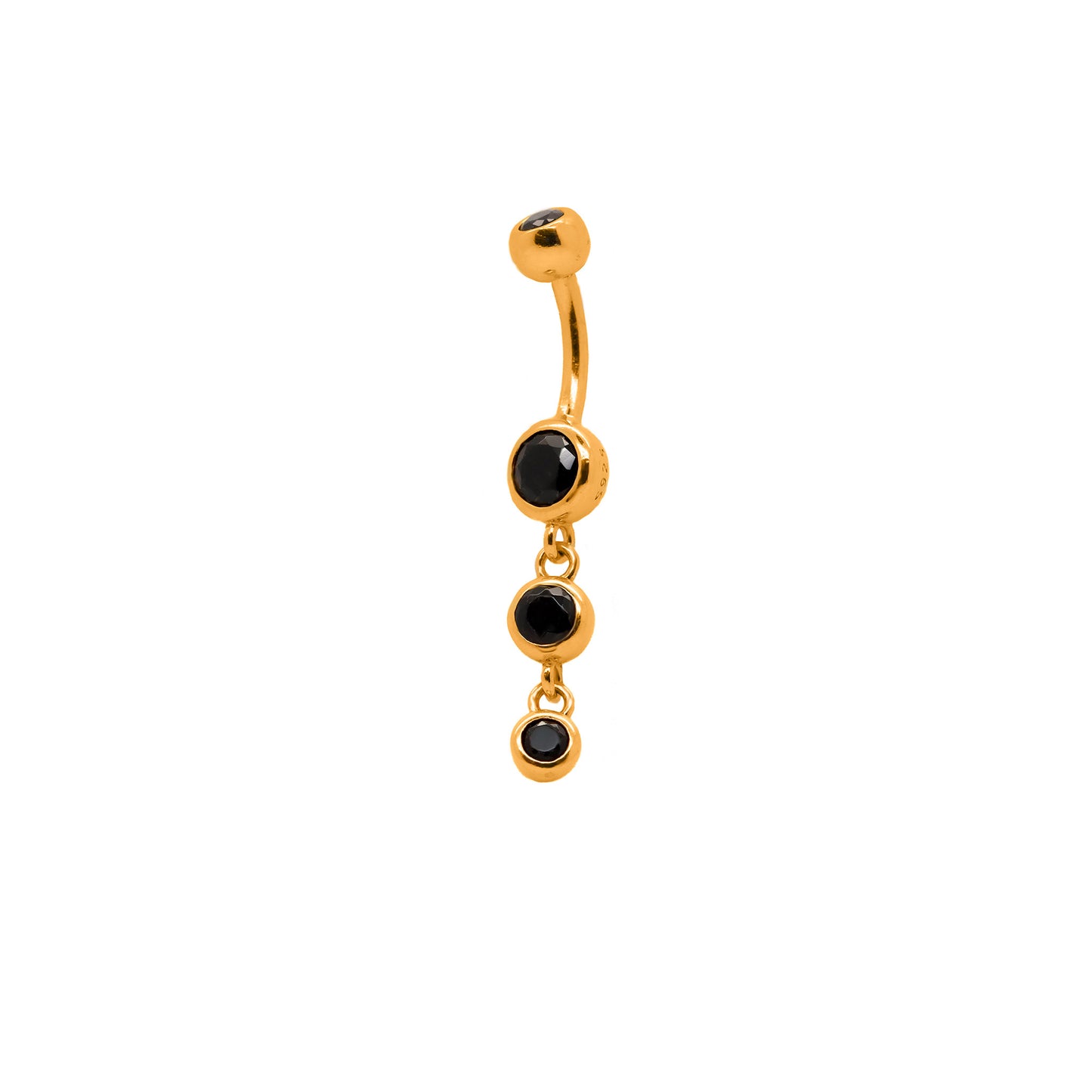 Vermeil | 925 Silver 24k Gold Coated Black CZ Triple Charm Dangle Belly Ring | 14G 6mm 1/4" 8mm 5/16" 10mm 3/8" - Sturdy South