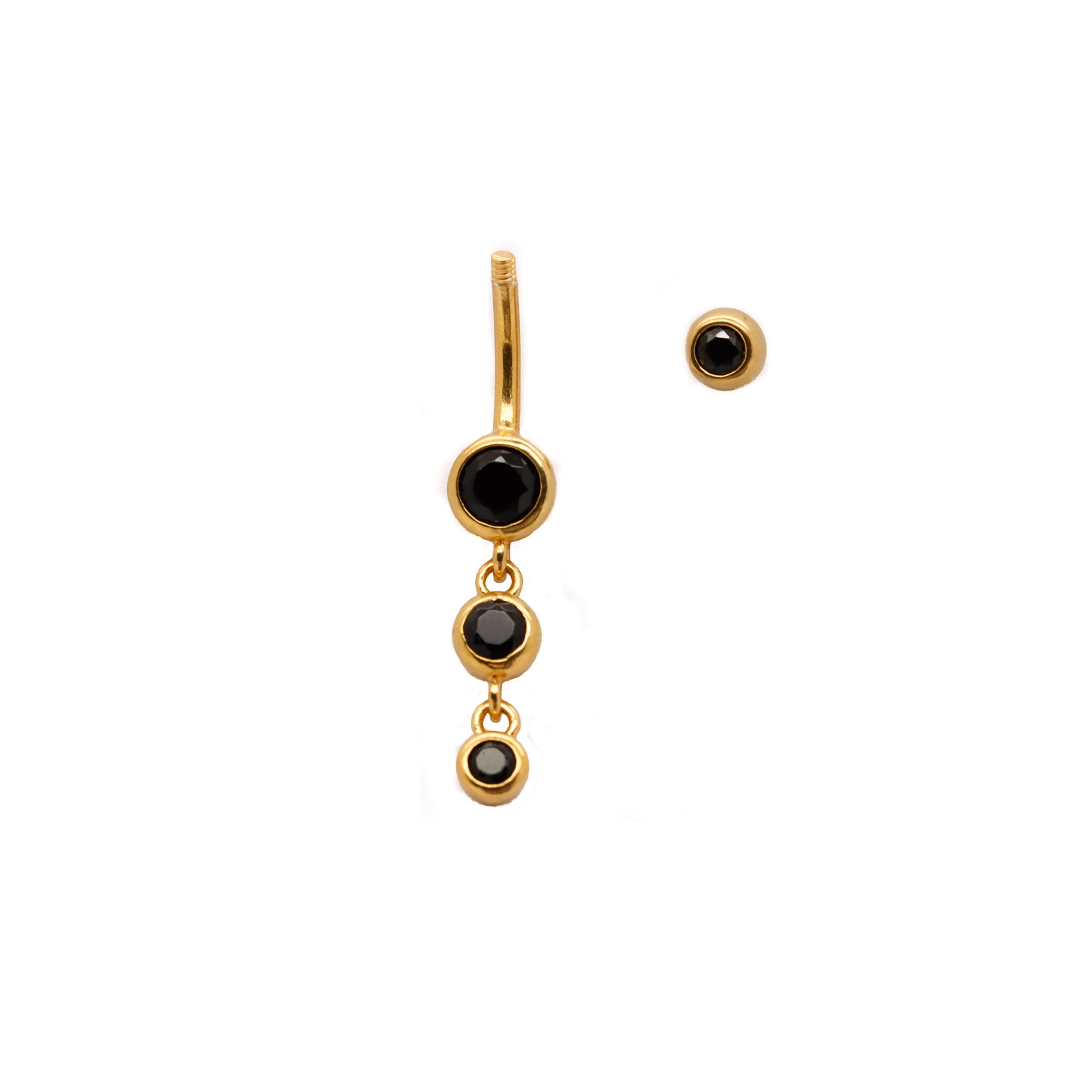 Vermeil | 925 Silver 24k Gold Coated Black CZ Triple Charm Dangle Belly Ring | 14G 6mm 1/4" 8mm 5/16" 10mm 3/8" - Sturdy South