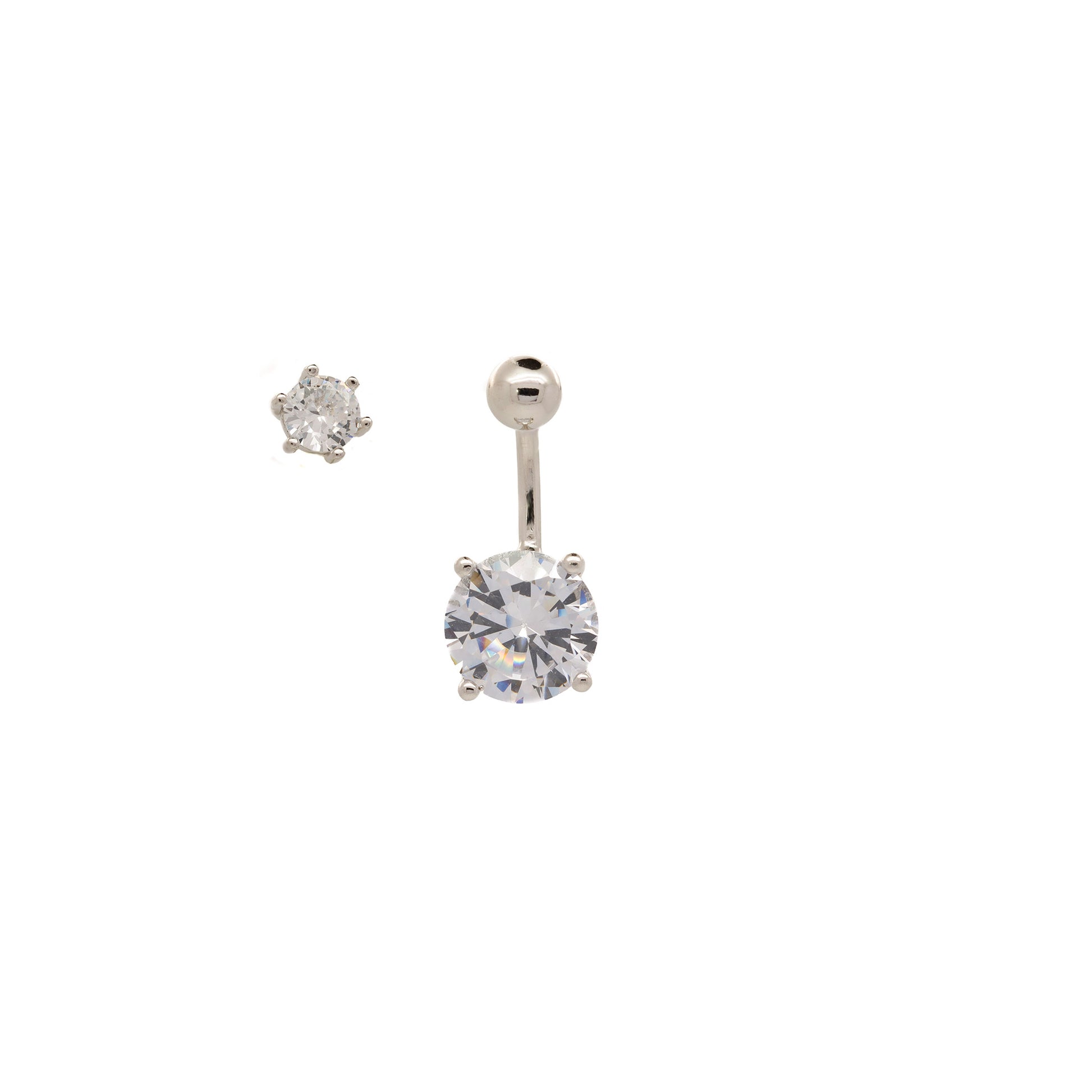 Solid 925 Silver | Solitaire Stone Belly Ring with Cubic Zirconia | 6mm 1/4" 8mm 5/16" 10mm 3/8" - Sturdy South