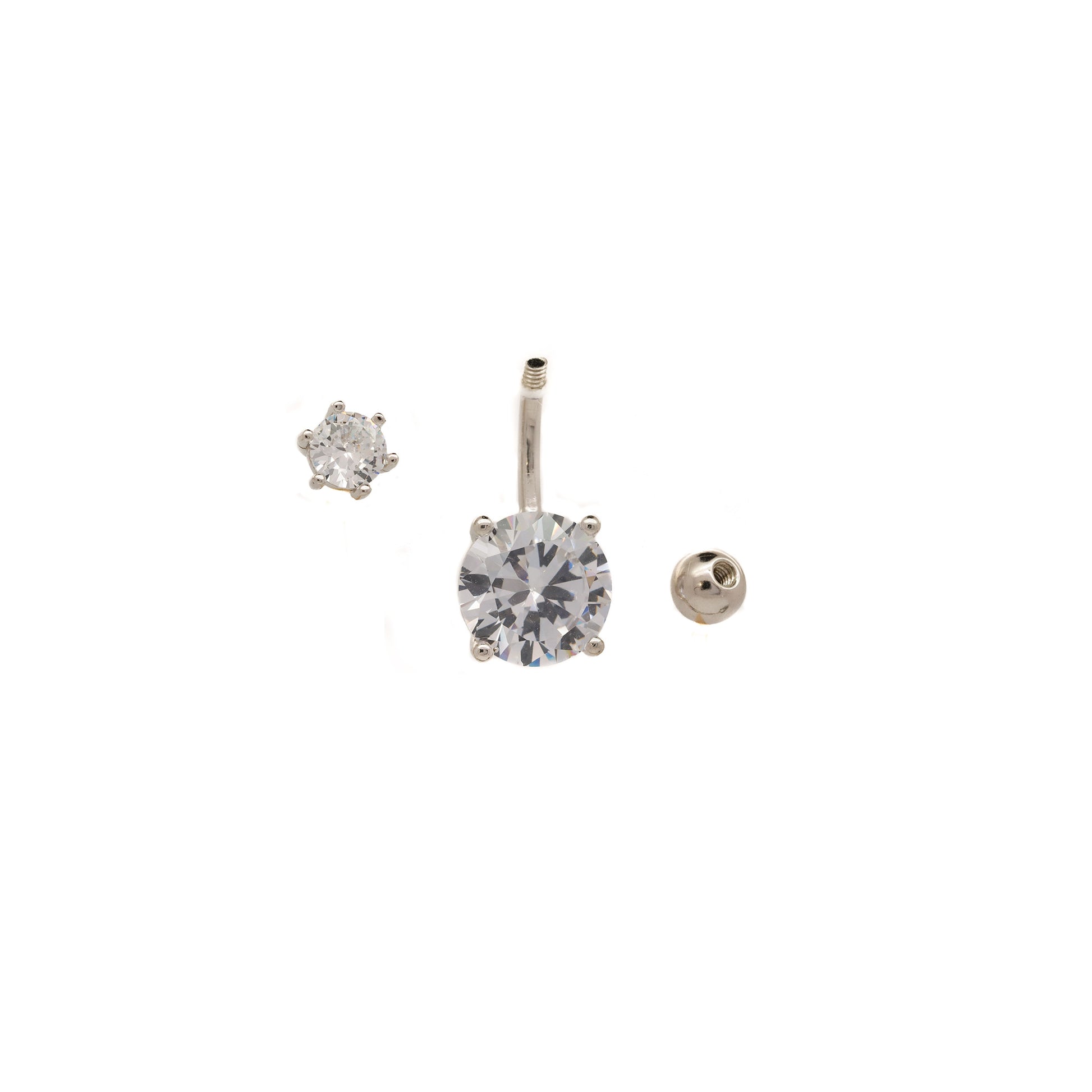 Solid 925 Silver | Solitaire Stone Belly Ring with Cubic Zirconia | 6mm 1/4" 8mm 5/16" 10mm 3/8" - Sturdy South