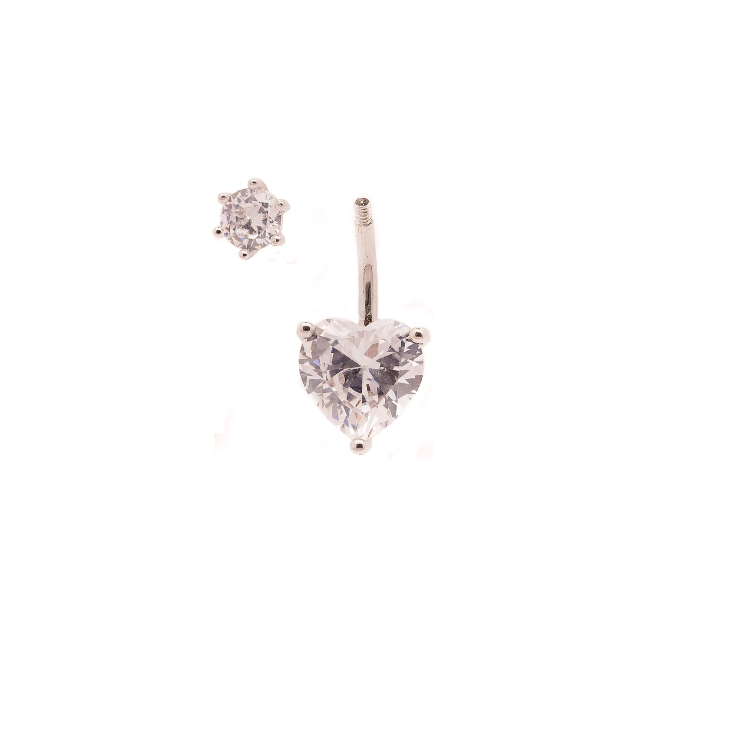 Solid 925 Silver | Solitaire Heart-shaped Stone Belly Ring | 6mm 1/4" 8mm 5/16" 10mm 3/8" - Sturdy South